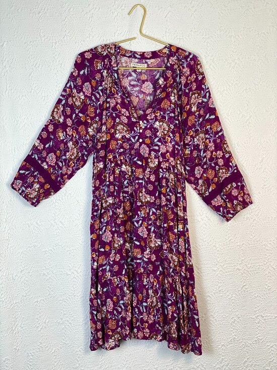 FRYE AND CO. Dresses & Skirts - Frye & Co Purple Floral Boho Midi Dress Rayon 3/4 Sleeve Size Large Festival